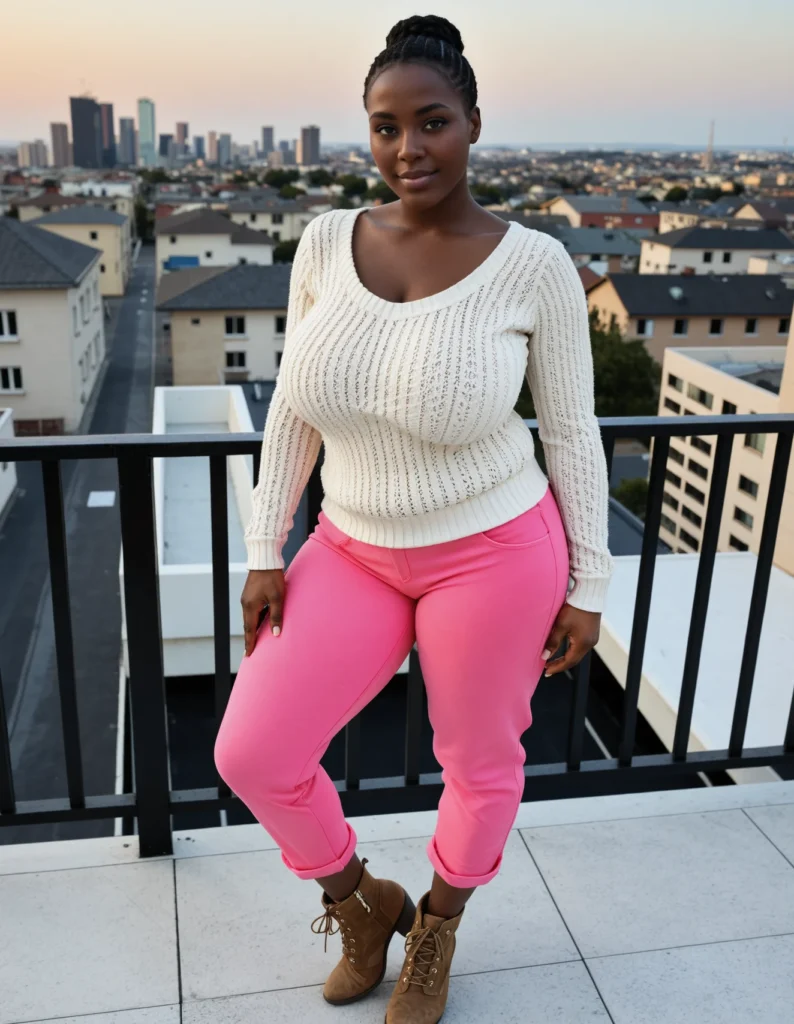 The image shows a woman standing on top of a balcony, wearing a white sweater and hot pink pants. The background of the image is filled with buildings, trees, and a clear blue sky.
