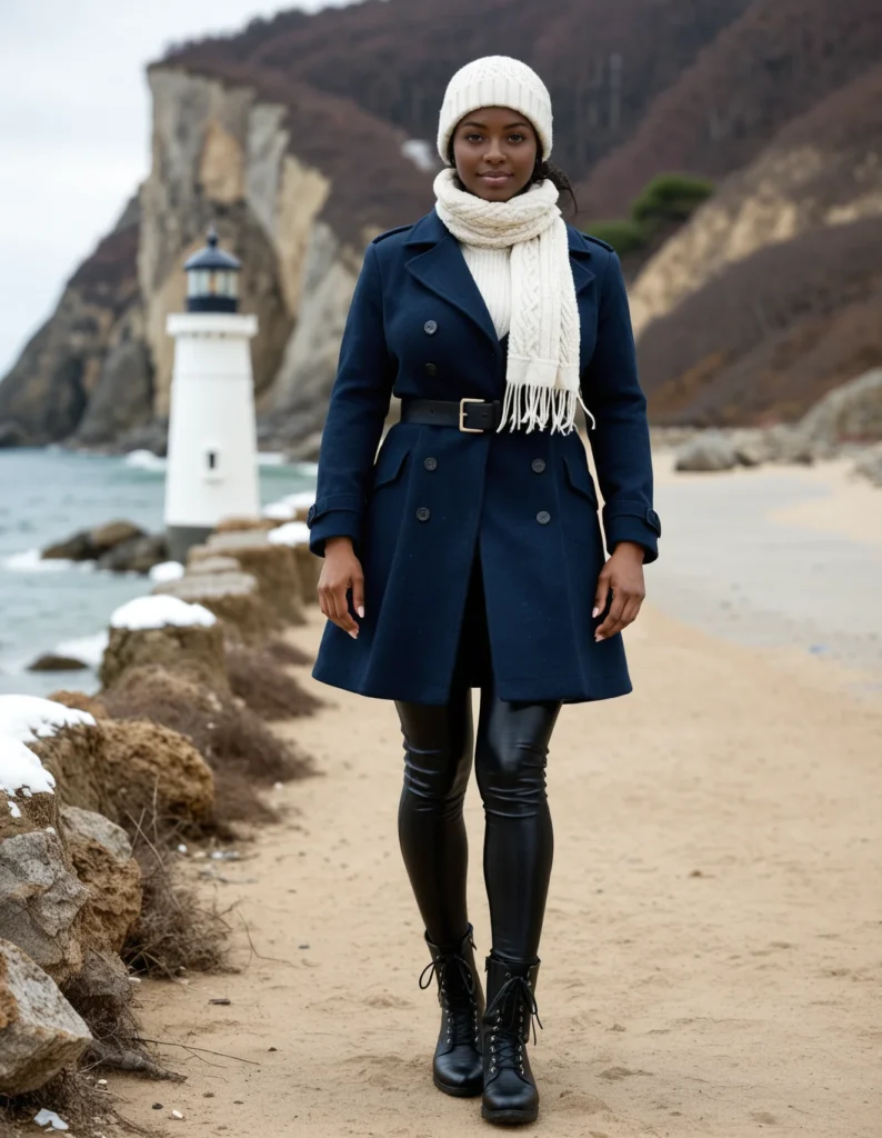 The image shows a woman standing on a beach next to a lighthouse, wearing a blue coat, a white scarf, and black boots. The backdrop of the image is a stunning view of the ocean, rocks, a mountain, and a clear blue sky.