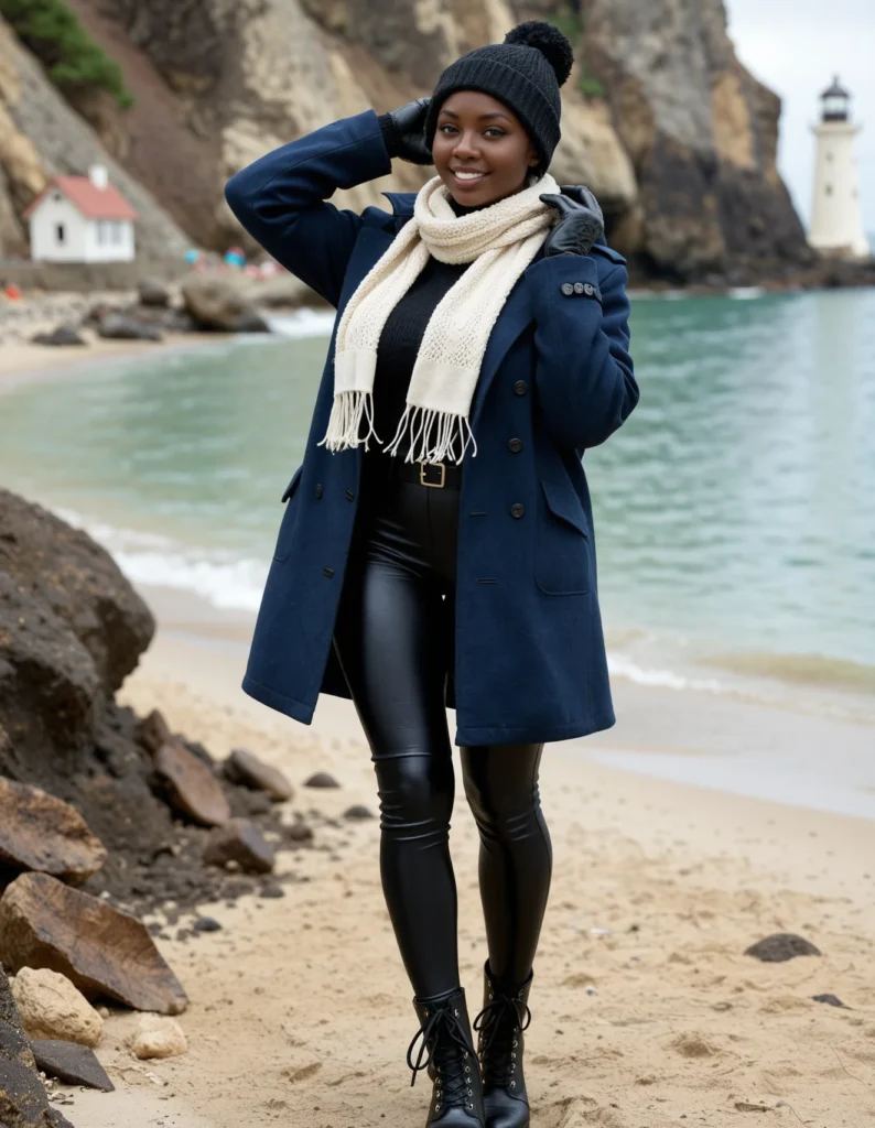 The image shows a woman standing on the beach wearing a blue coat, black leather pants, a scarf, a cap, and boots. The background of the image is filled with rocks, water, a lighthouse, a house, a hill, and a clear blue sky.