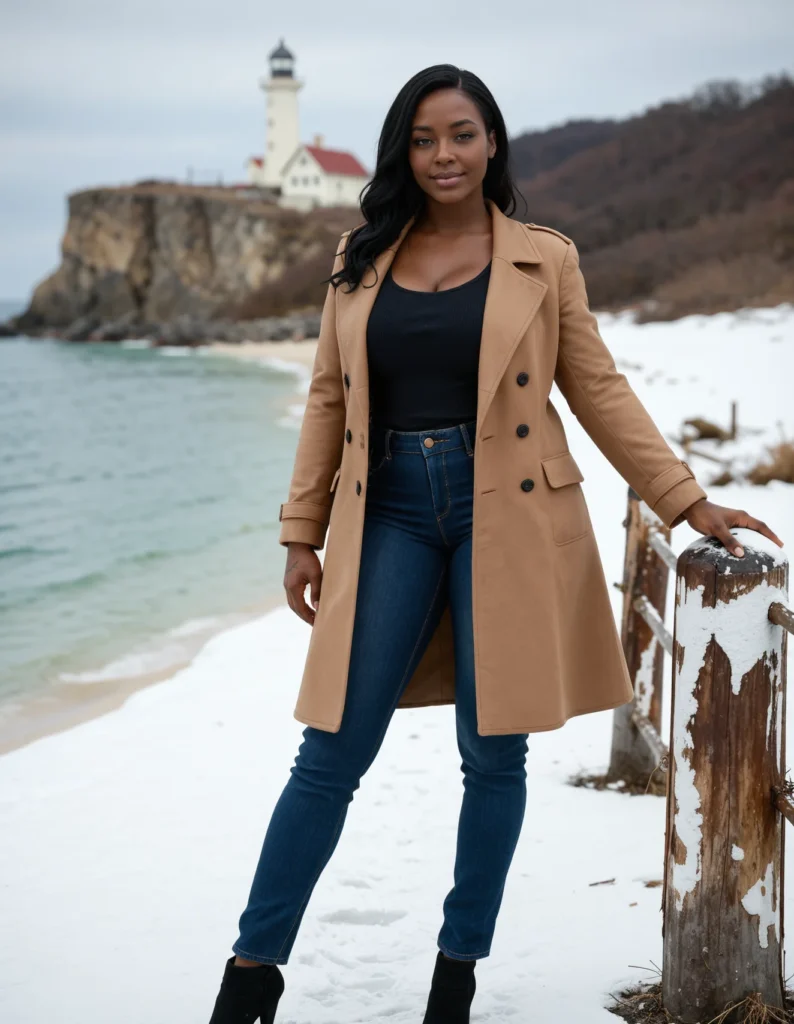 The image shows a woman standing on the beach in front of a lighthouse, wearing a camel-colored coat and jeans. The beach is covered in snow and there is a fence to her right. In the background, there are trees, a house, and a clear blue sky.