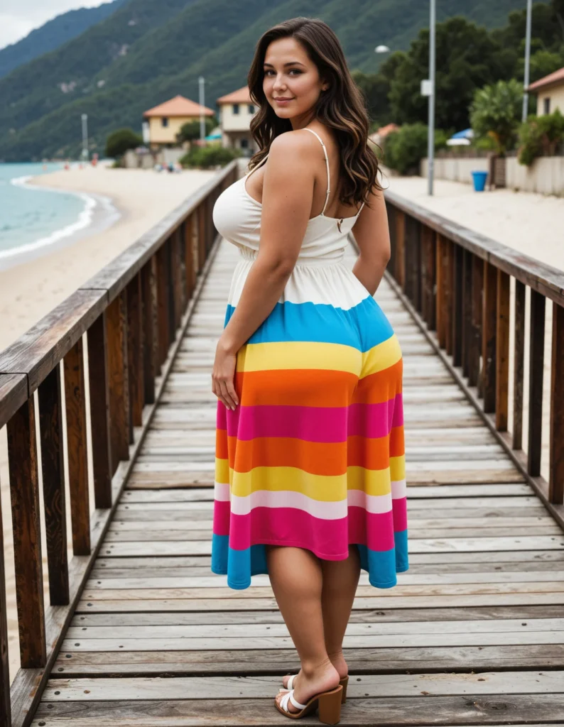 The image shows a woman standing on a wooden pier near the ocean, wearing a plus size rainbow striped dress. The background of the image includes a fence, a group of trees, some houses with roofs and windows, some poles, a large water body, the hills, and a cloudy sky.