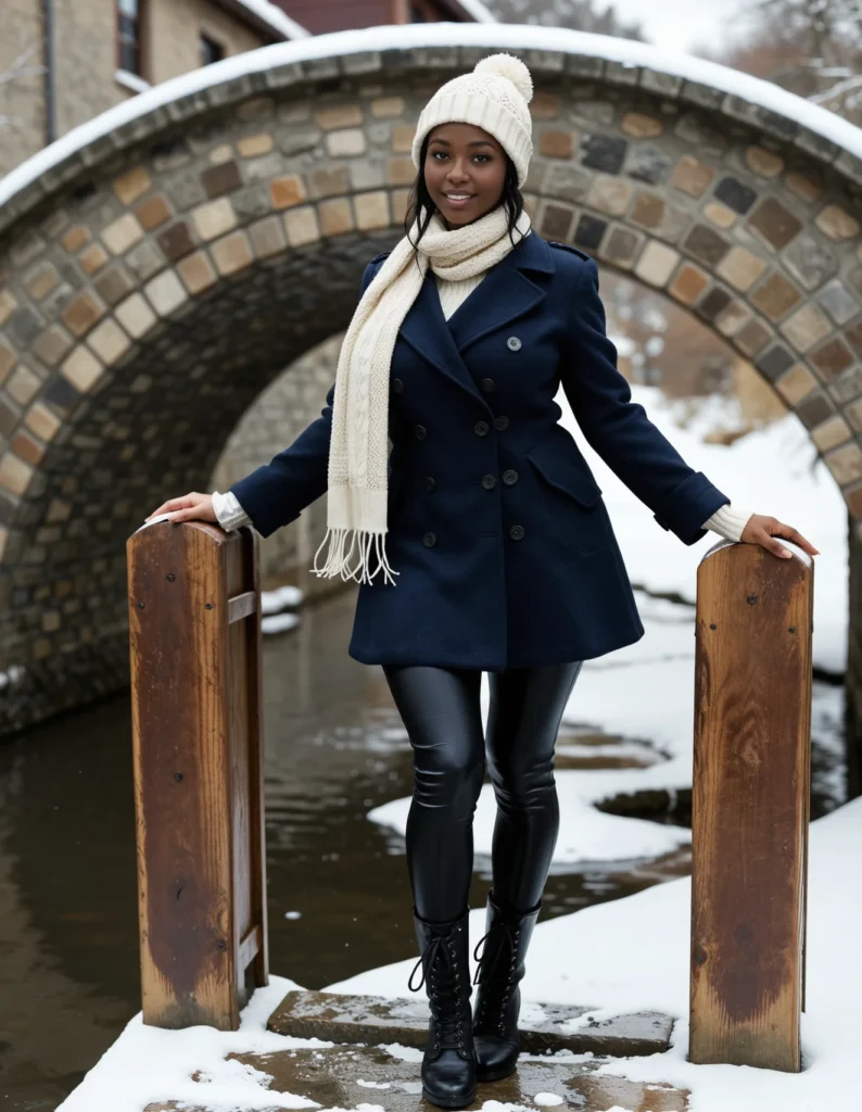 The image shows a woman standing on a bridge in the snow, wearing a navy peacoat, black leather pants, a white hat, and a scarf. The background of the image includes a bridge, water, a building, trees, and the sky.