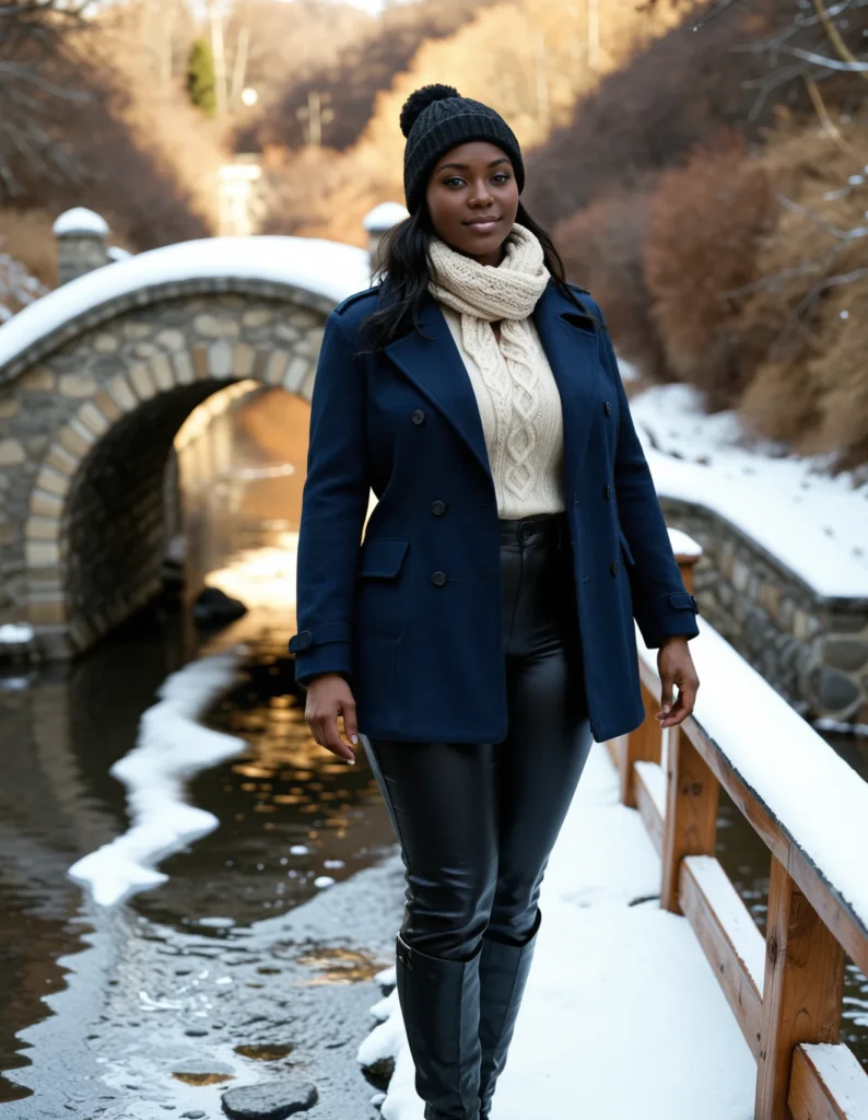 The image shows a woman standing on a bridge in the snow, wearing a navy peacoat, black leather pants, and a cap. The background of the image is filled with trees and a clear sky, and the bridge is covered in a blanket of snow.