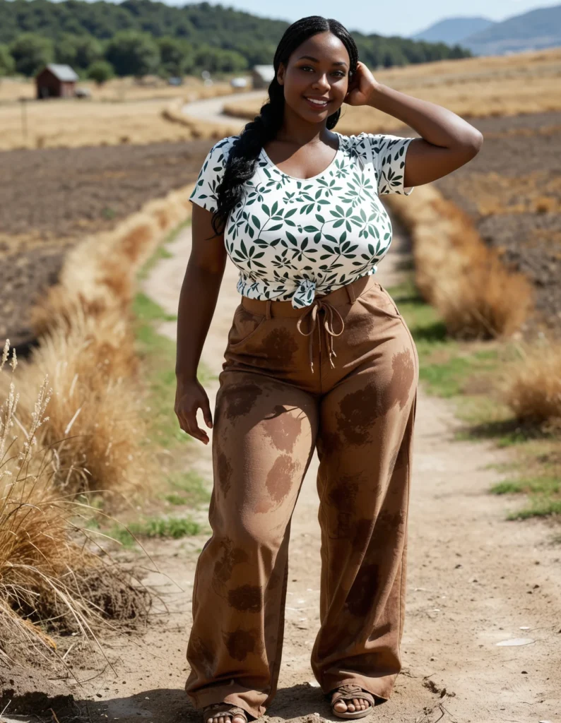The image shows a woman standing on a dirt road in a field, surrounded by dried grass, a house with a roof, a group of trees, the hills, and a cloudy sky. She is wearing a white and green top and brown tie dye pants.