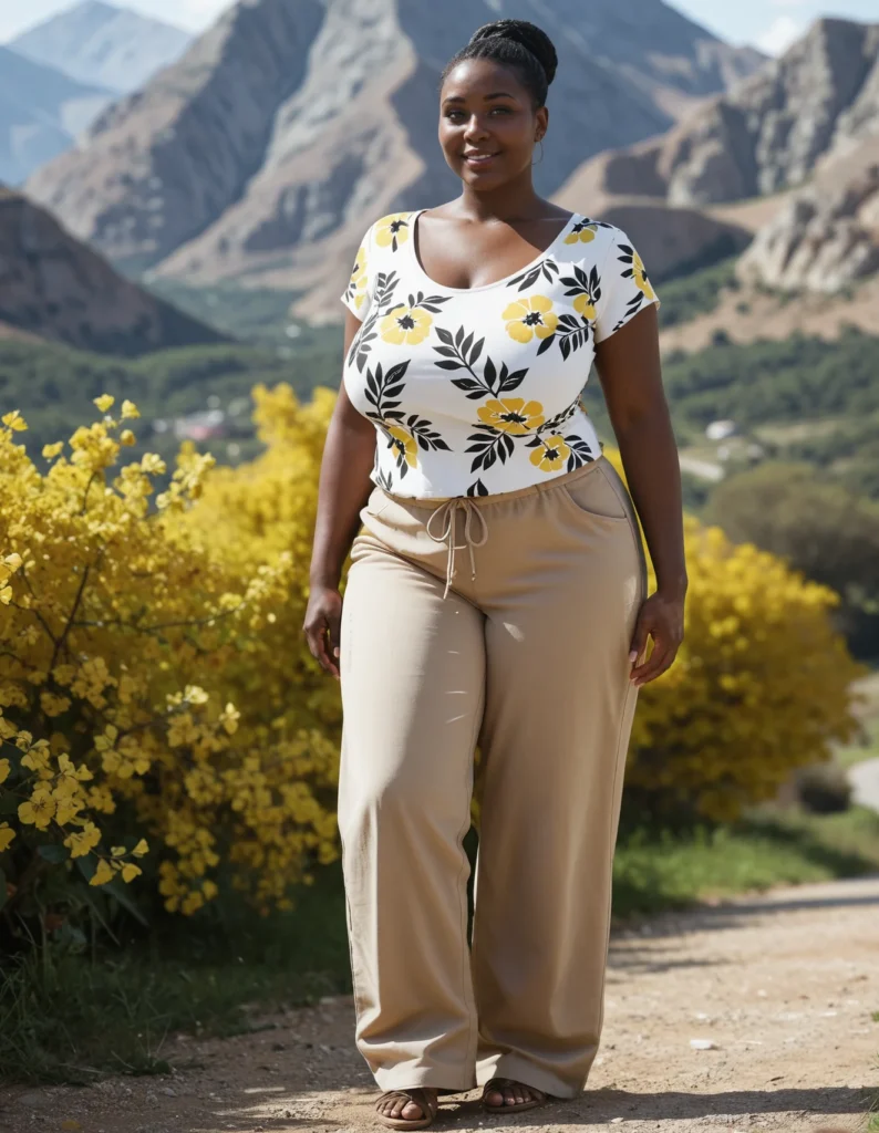 The image shows a woman standing on a dirt road surrounded by plants with flowers, grass, a group of trees, the hills, and a cloudy sky. She is wearing a white top and tan pants.
