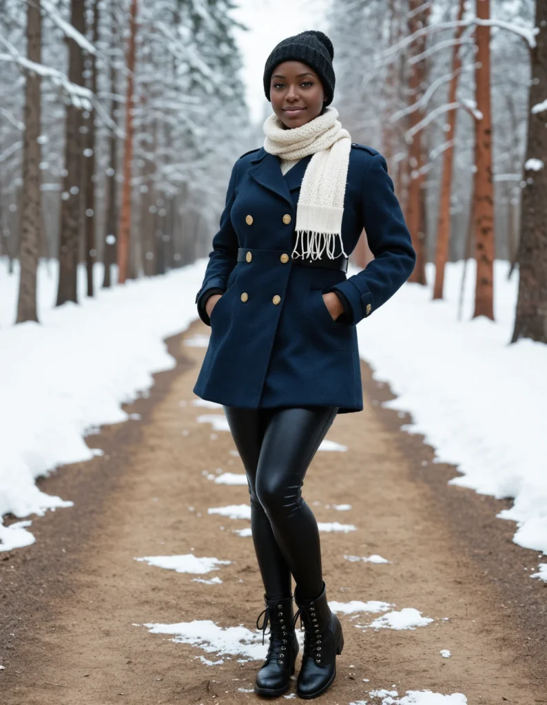 The image shows a woman standing on a path in the snow, wearing a navy peacoat, a scarf, a cap, and black boots. The background of the image is filled with trees covered in snow and a clear blue sky.