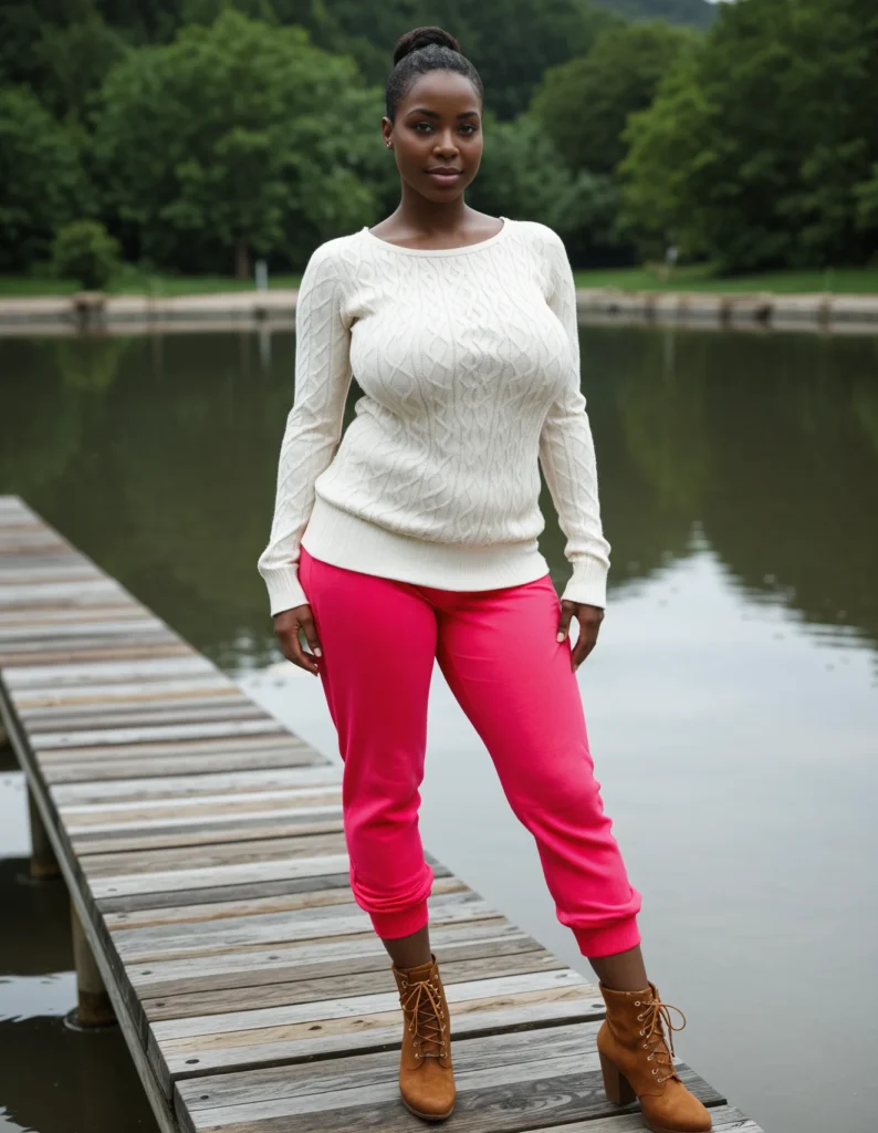The image shows a woman standing on a wooden dock next to a body of water, wearing a white sweater and hot pink joggers. The background of the image is filled with trees and a clear blue sky.