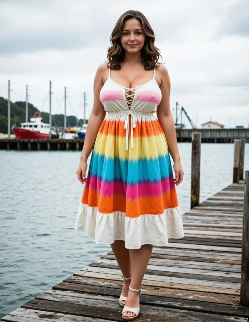 The image shows a woman standing on a wooden dock, smiling, wearing a plus size rainbow tie dye dress. In the background, there are boats on the water, poles, a bridge, houses, trees, and a sky with clouds.