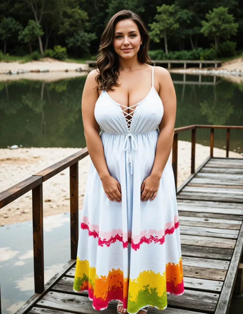 The image shows a woman standing on a wooden dock next to a body of water, with a bright smile on her face. She is wearing a white plus size maxi dress with a rainbow of colors, and in the background there are trees and a clear blue sky.