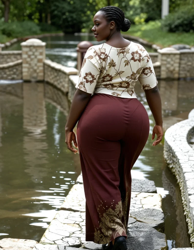 The image shows a woman standing on a stone walkway next to a pond, surrounded by a fence, grass, plants, and a group of trees. She is wearing a brown and cream colored dress, which is one of the best plus size clothing brands in Nigeria.