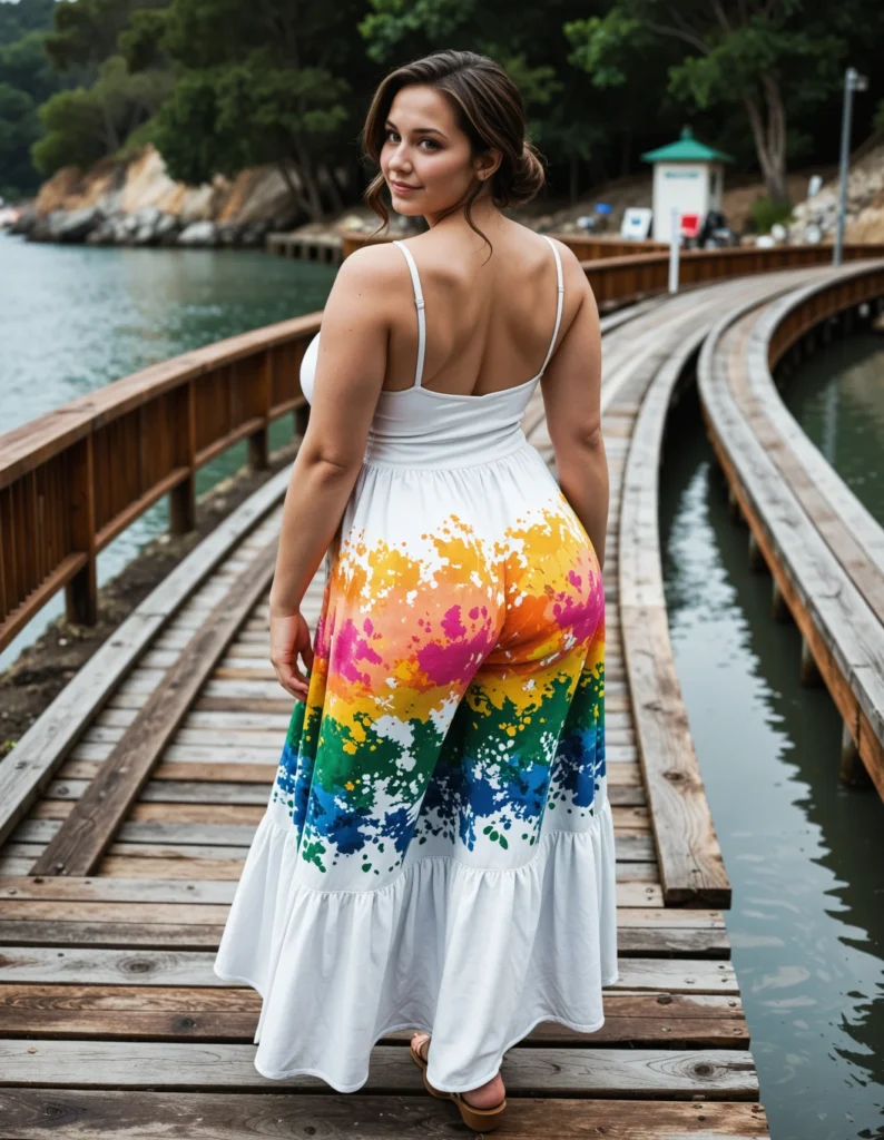 The image shows a woman standing on a wooden bridge, wearing a white maxi dress with a rainbow of colors. The bridge is surrounded by water, with trees and rocks in the background and a clear blue sky above.