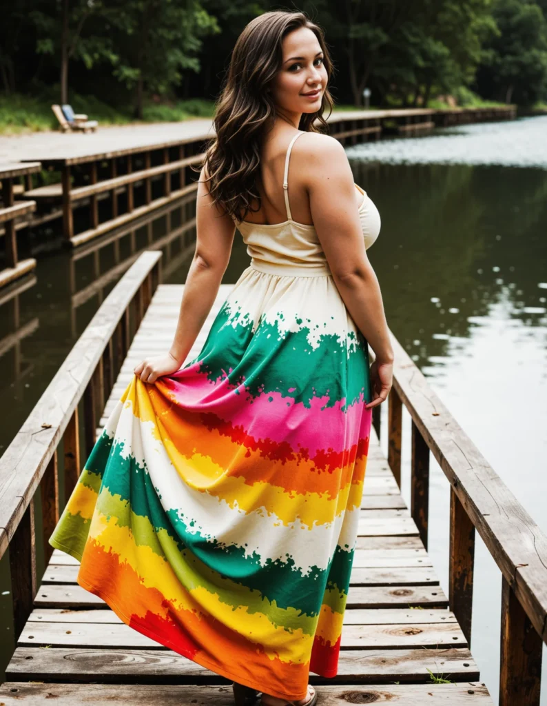 The image shows a woman standing on a wooden bridge, smiling, wearing a rainbow-colored maxi dress. The background of the image is filled with lush green trees and a tranquil body of water.