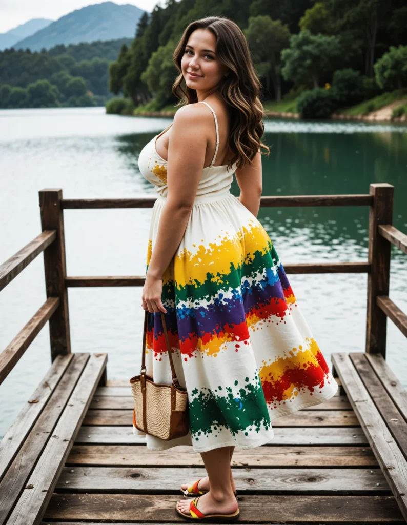 The image shows a woman standing on a wooden dock, smiling and holding a handbag. She is wearing a rainbow-colored dress, and in the background there is a lake surrounded by trees, mountains, and a clear blue sky.