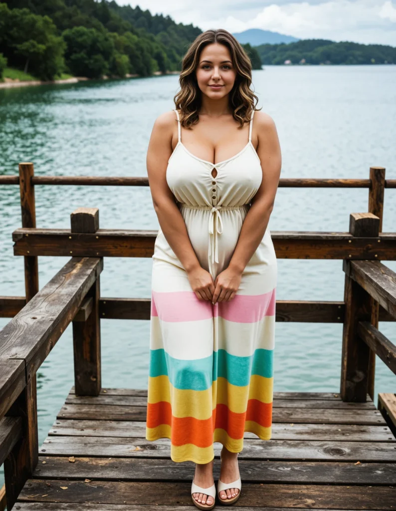 The image shows a woman standing on a wooden dock, smiling, wearing a plus size rainbow maxi dress. The background of the image is filled with trees, hills, and a clear blue sky, while the foreground features a wooden fence and a body of water.