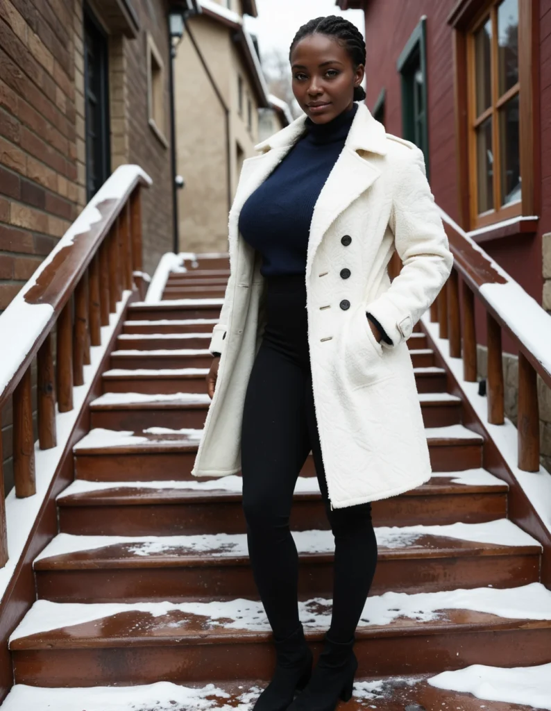 The image shows a woman standing on the steps of a house wearing a white teddy bear coat. The background of the image is filled with buildings and a clear blue sky.
