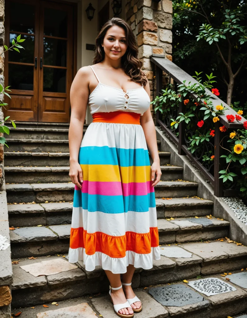 The image shows a woman standing on the steps of a house wearing a plus size rainbow maxi dress. The dress is composed of a variety of colors, including red, orange, yellow, green, blue, and purple, and is made of a lightweight fabric. The woman is standing in front of a set of stairs with a railing on either side, and there are plants with flowers on the right side of the image. In the background, there is a door and a wall.