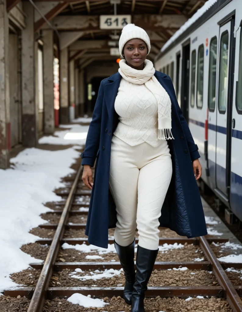 The image shows a woman standing on a train track next to a train. She is wearing a white dress, a blue coat, a hat, and boots. The train is on the right side of the image and there is snow on the ground. In the background, there are pillars and a board attached to the ceiling.