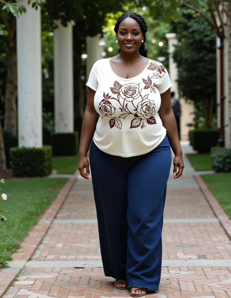 The image shows a woman walking down a brick walkway in a white shirt and blue pants, surrounded by lush green grass, plants, trees, and pillars, with a bright blue sky in the background.