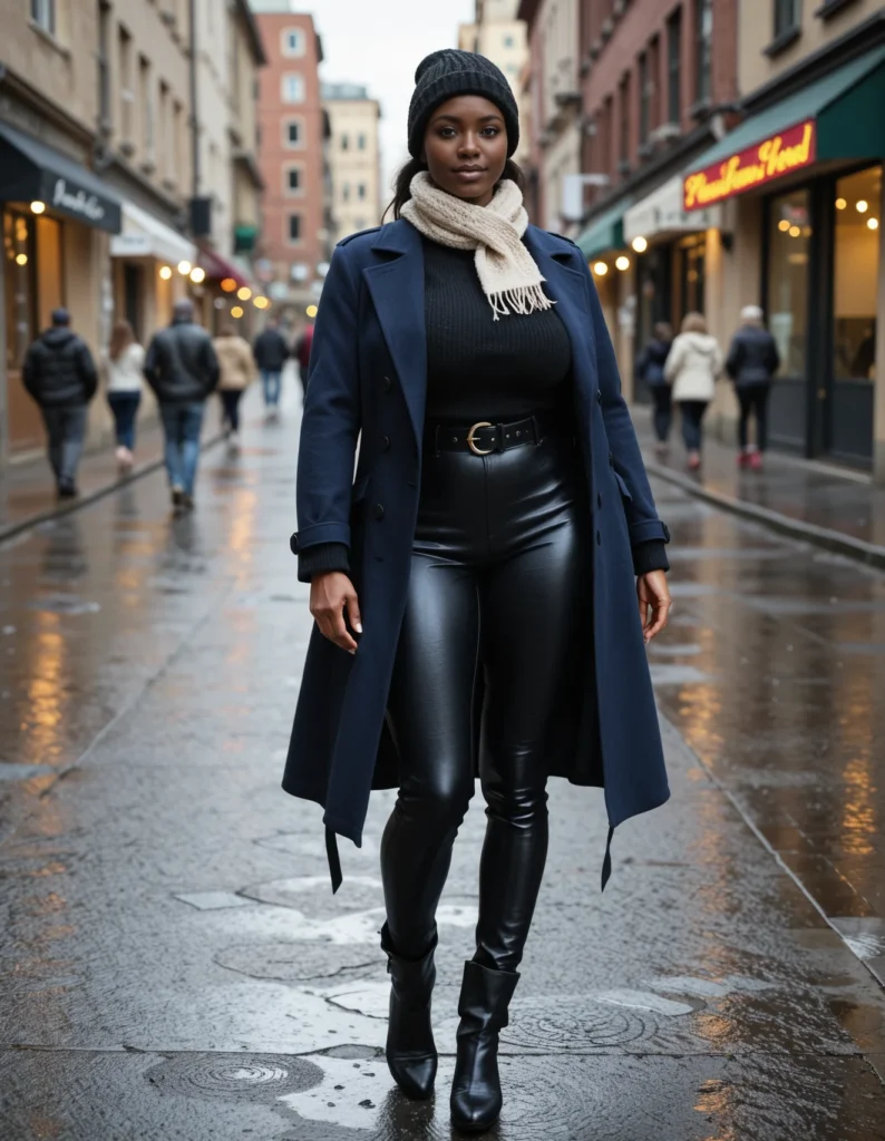 The image shows a woman walking down the street in the rain wearing black leather pants, a blue coat, a hat, and boots. In the background, there are people walking on the road, buildings with windows, lights, and name boards, and the sky is visible above.