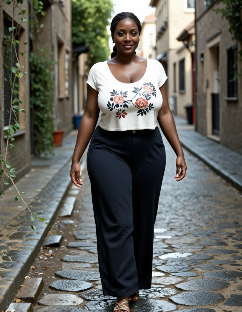 The image shows a woman walking down a cobblestone street, wearing a white top and black pants. On either side of her are buildings, and in the background there are trees and a clear blue sky.