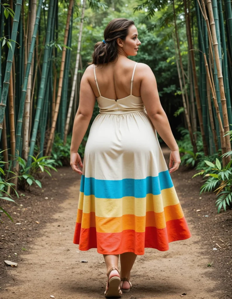 The image shows a woman walking down a path in a rainbow-colored dress, surrounded by lush greenery and tall bamboo trees.