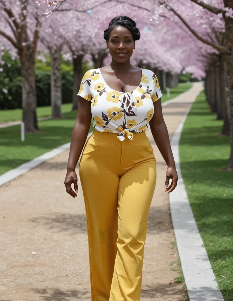 The image shows a woman walking down a path lined with trees and grass, wearing a white top and yellow pants.