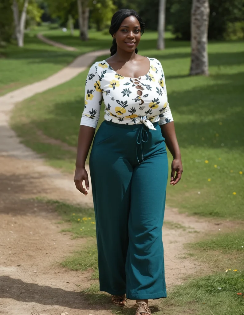 The image shows a woman walking down a path in a park, surrounded by lush green grass, tall trees, and a bright blue sky. She is wearing a white top and green pants, and her hair is pulled back in a ponytail. The sun is shining down on her, creating a peaceful atmosphere.