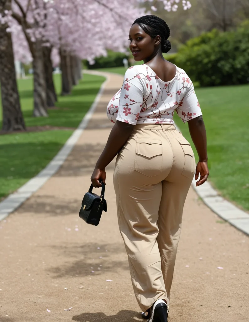 The image shows a woman walking down a sidewalk with a handbag in her hand, surrounded by trees and grass on either side. She is wearing a white top and tan pants, giving her a stylish and confident look.