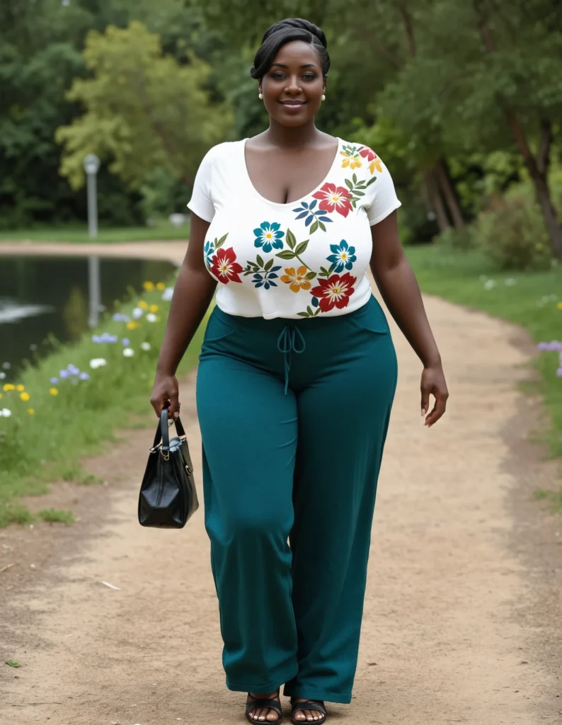 The image shows a woman walking down a path with a handbag in her hand, wearing a white top and green pants. The background of the image is filled with lush green grass, vibrant flowers, a tranquil body of water, tall trees, and a bright blue sky.