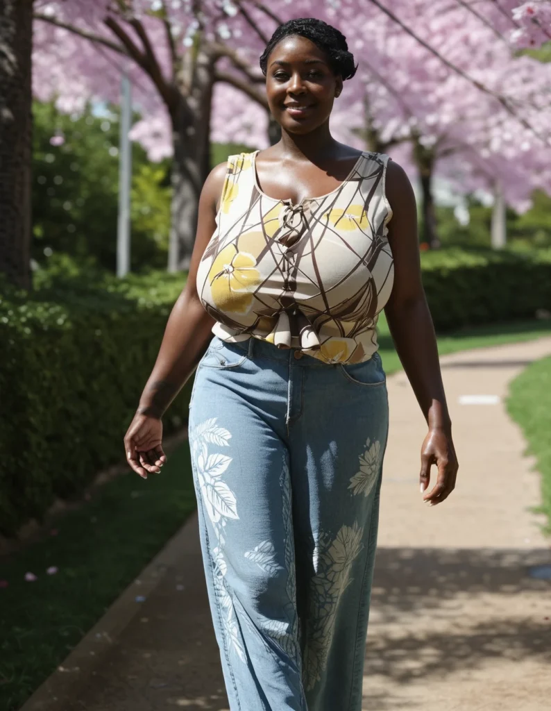 The image shows a woman walking down a sidewalk in front of a tree with pink flowers, surrounded by lush green grass, plants, and trees, with a bright blue sky in the background.