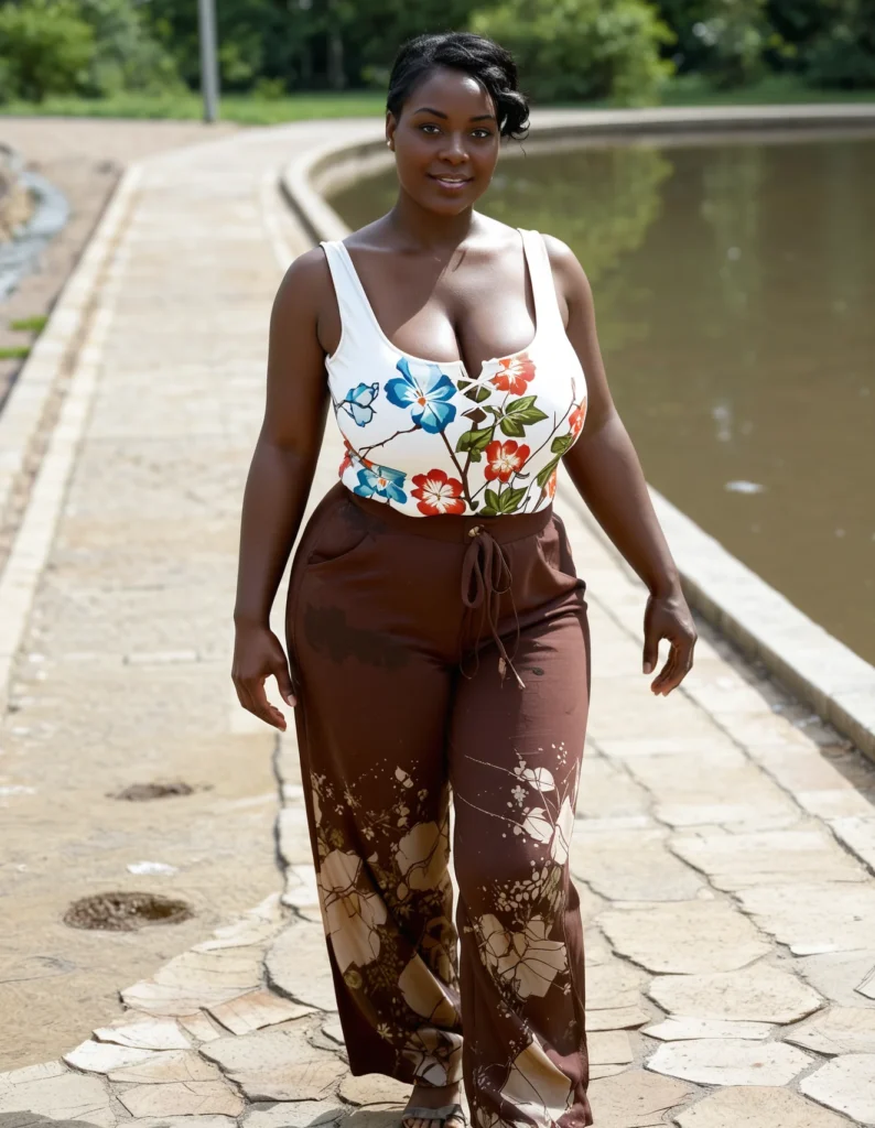 The image shows a woman walking down a sidewalk next to a body of water, with a pole and trees in the background. She is wearing a white and brown top and brown pants.