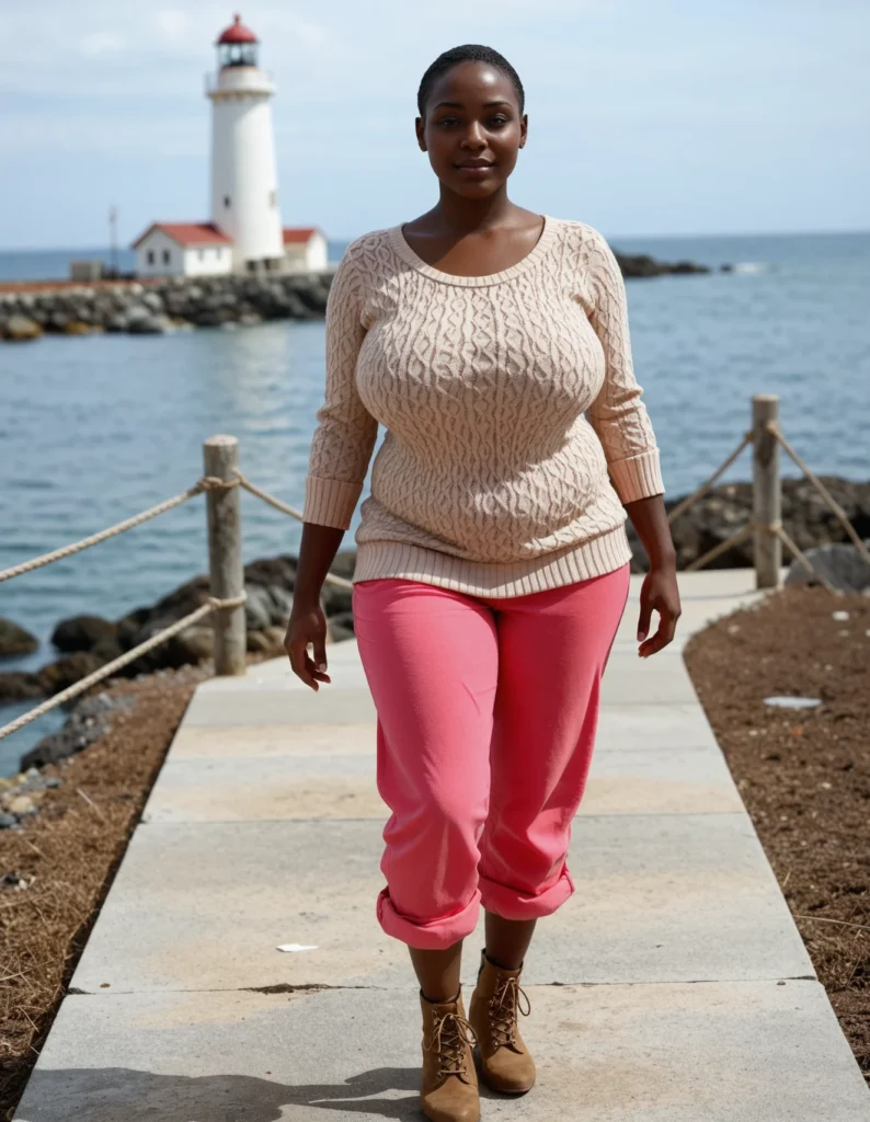 The image shows a woman walking down a sidewalk next to a lighthouse, wearing a cream-colored sweater and pink pants. The background of the image is filled with the tranquil blue of the water, the white and red of the lighthouse, and the sky.