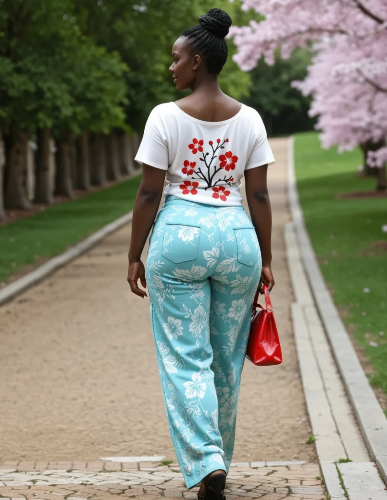 The image shows a woman walking down a sidewalk with a red bag in her hand, surrounded by trees and grass on either side. She is wearing a white t-shirt and blue pants, and her hair is styled in a fashionable way.