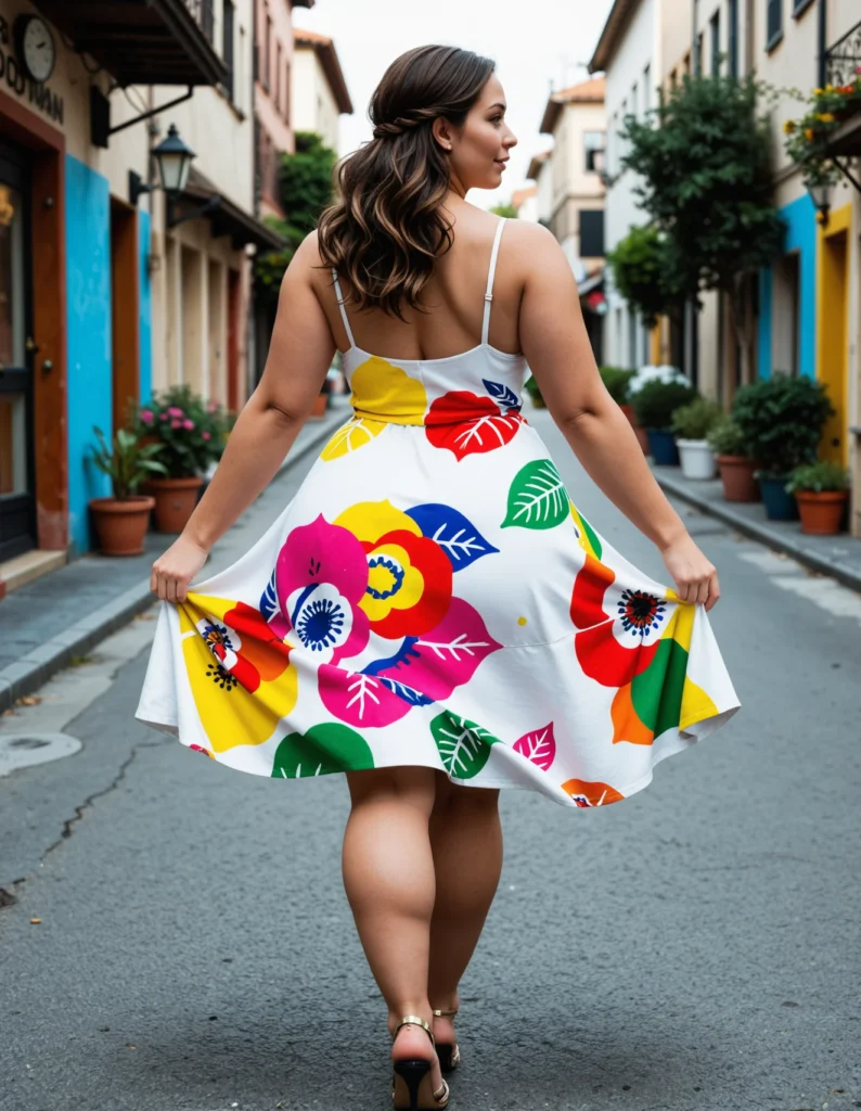 The image shows a woman walking down the street in a colorful floral dress, surrounded by buildings, plants, trees, and a clock on the wall of one of the buildings. The sky is visible in the background.