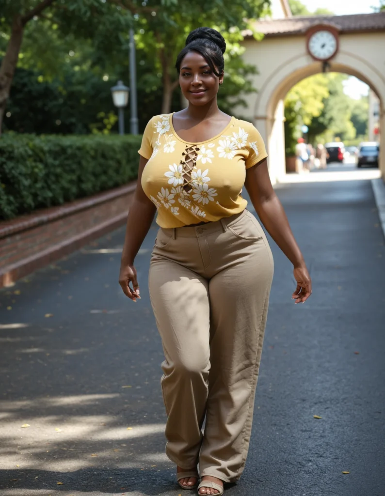 The image shows a woman walking down a street wearing a yellow top and tan pants. In the background, there is an arch with a clock, a light pole, plants, trees, and vehicles. The sky is visible at the top of the image.
