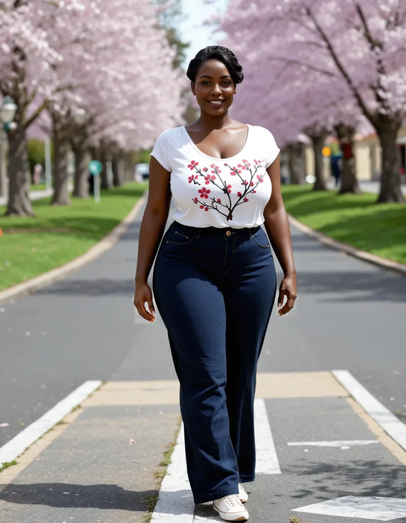 The image shows a woman walking down a street lined with trees, with a bright blue sky in the background. She is wearing a white t-shirt and blue jeans, and her hair is styled in a fashionable way.