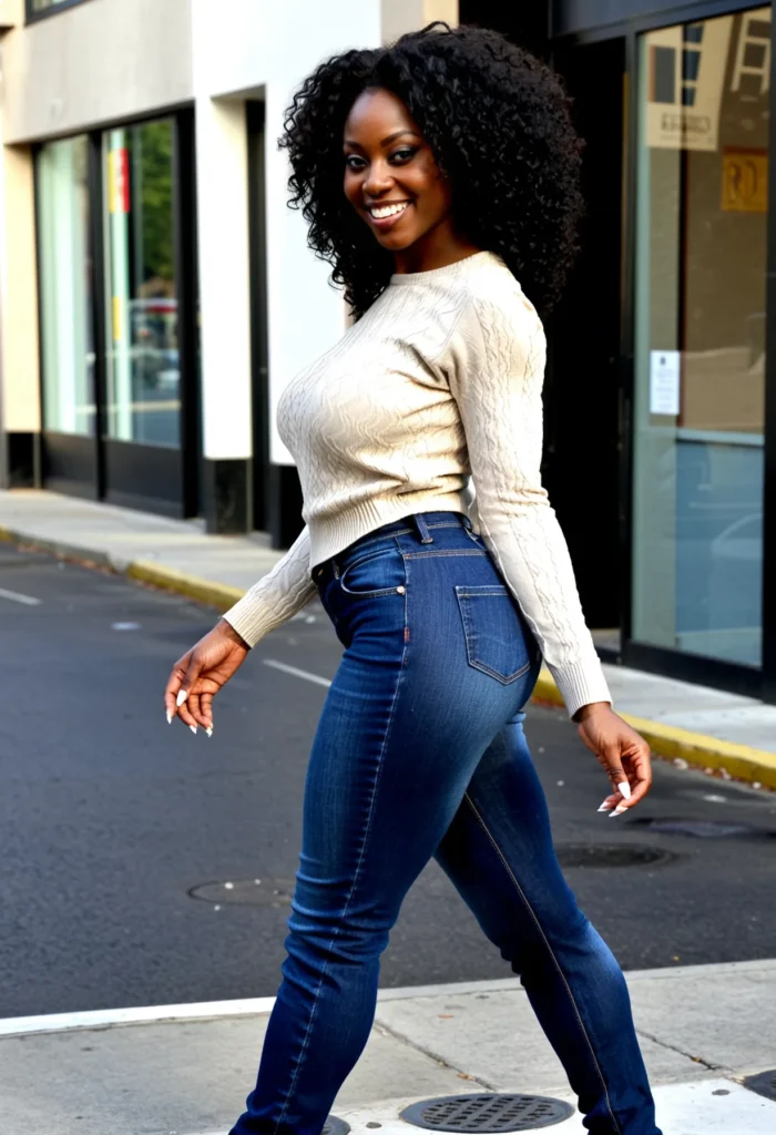 The image shows a woman walking down the street with a cigarette in her hand, wearing a pair of jeans and a sweater. In the background, there is a building with glass doors.
