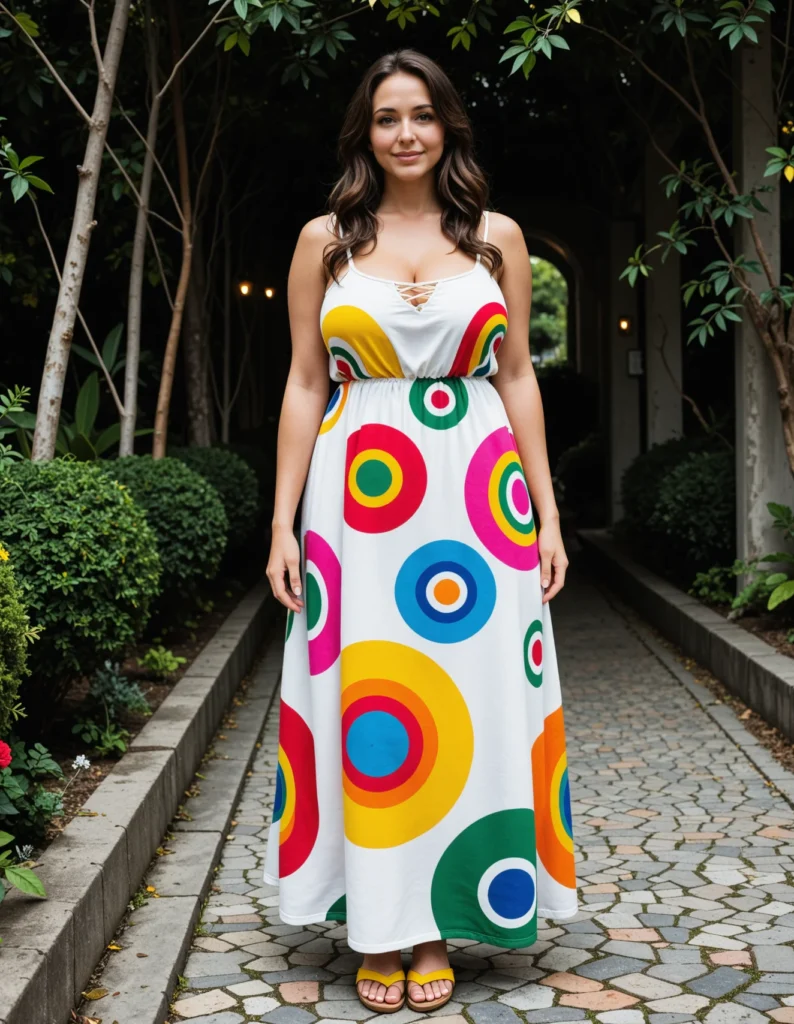 The image shows a woman standing on the ground with a bright smile on her face, surrounded by lush greenery and illuminated by lights in the background. She is wearing a white maxi dress with colorful circles, creating a vibrant and eye-catching look.