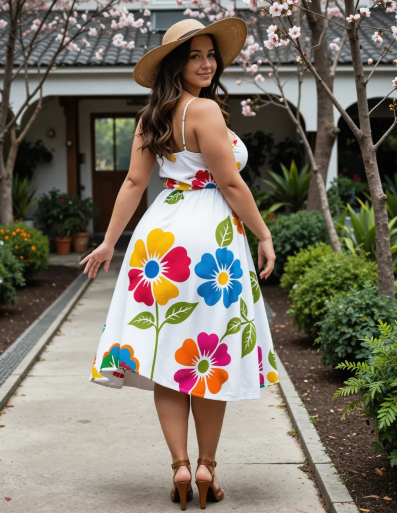 The image shows a woman standing on a pathway surrounded by plants, trees, and flowers, with a house in the background. She is wearing a white dress and a straw hat, and is smiling.