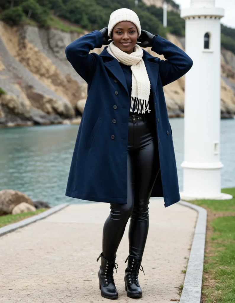 The image shows a woman standing in front of a lighthouse wearing a navy blue coat, black leather pants, and a white hat. The background of the image is filled with lush green grass, a body of water, rocks, trees, and poles, all set against a bright white sky.
