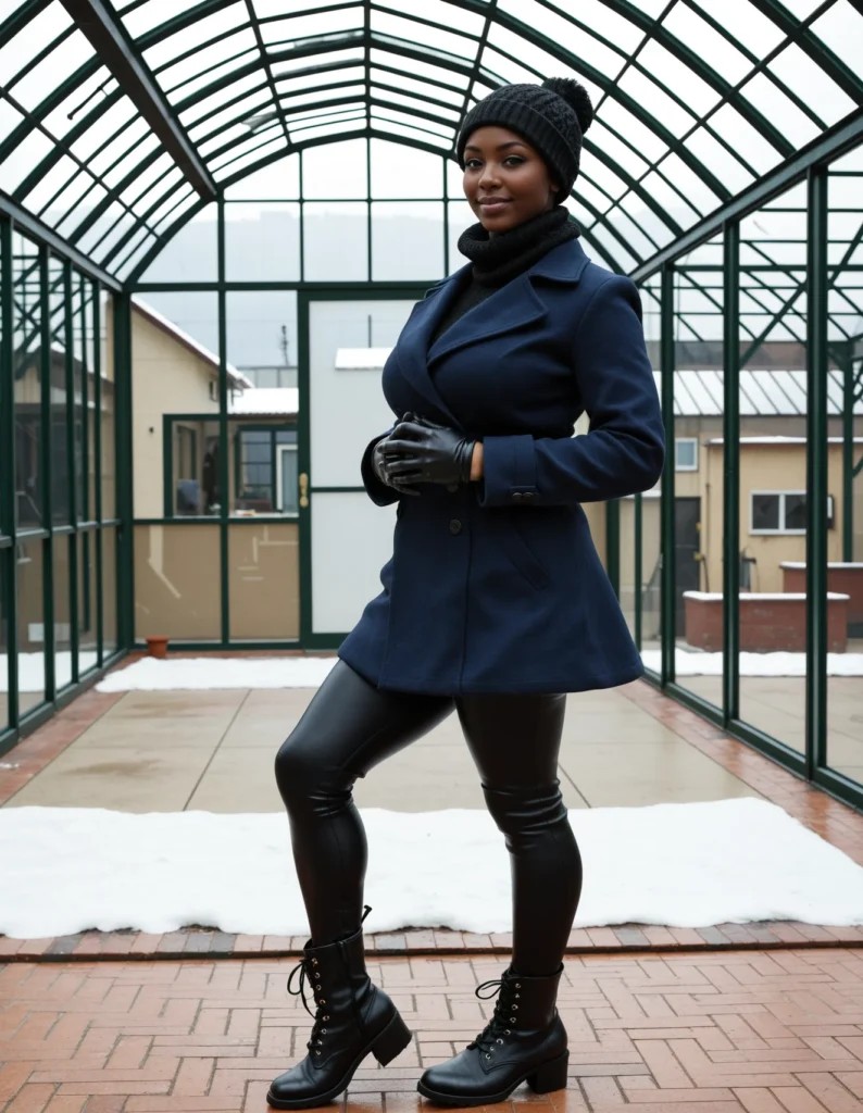 The image shows a woman standing in front of a glass roof, wearing a blue coat, black leather pants, and a hat. The background of the image is filled with buildings and a clear blue sky.