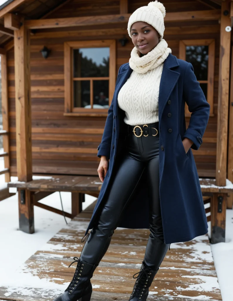 The image shows a woman standing on a wooden deck in the snow, wearing a navy blue coat, a white sweater, black leather pants, and a white cap. In the background, there is a wooden house with a window and a light, and the ground is covered in a blanket of snow.
