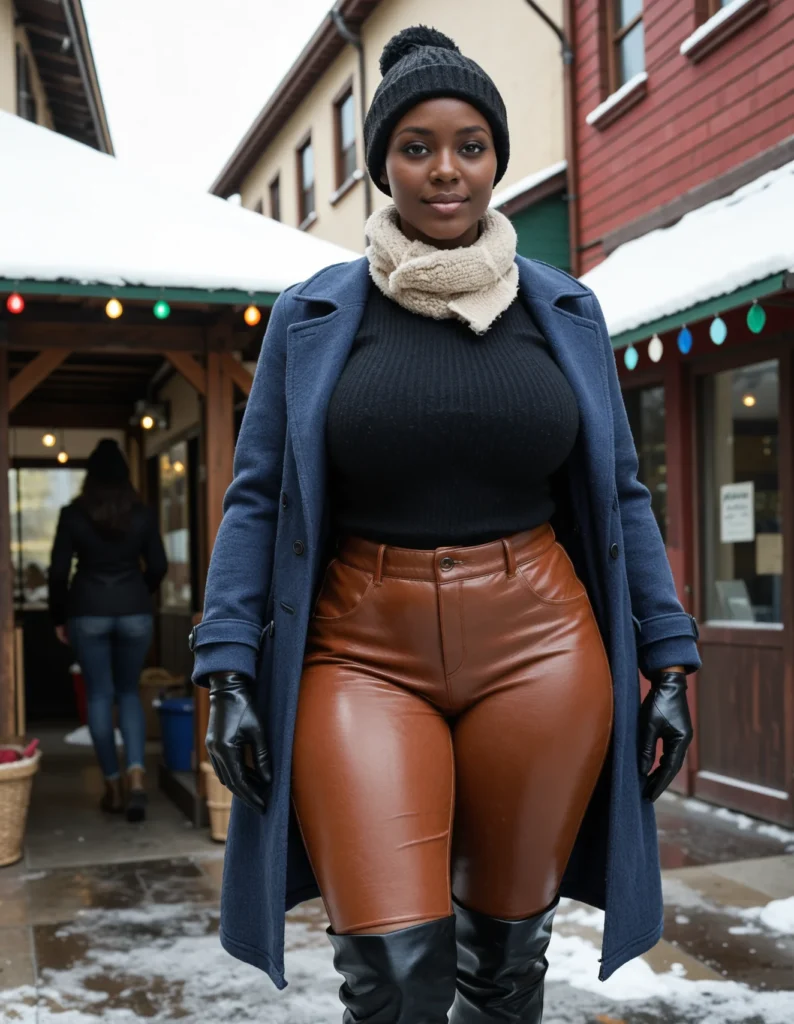 The image shows a woman standing in the snow wearing brown leather pants and a blue coat. She is also wearing a hat and a baseball glove. In the background, there are buildings, lights, and a clear sky.