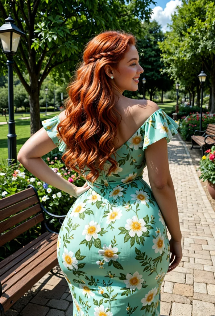 The image shows a woman with red hair standing on a bench in a park, surrounded by lush greenery and illuminated by light poles. She is wearing a green floral dress, and the sky is filled with white, fluffy clouds.