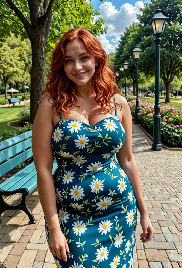 The image shows a woman in a blue dress standing in front of a park bench surrounded by street light poles, trees, plants with flowers, grass, and a sky with clouds.