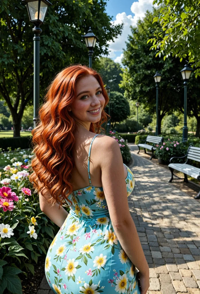 The image shows a woman in a blue dress standing in a park surrounded by plants with flowers, benches, light poles, trees, and a sky with clouds.