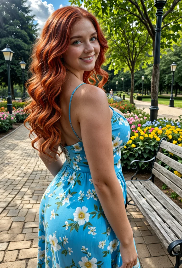 The image shows a woman in a blue floral dress standing next to a bench surrounded by plants with flowers, light poles, trees, and a sky with clouds in the background.