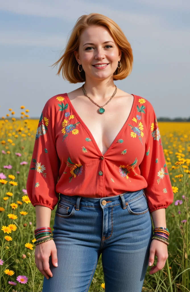 The image shows a woman standing in a field of yellow flowers, wearing a red top and blue jeans, with a bright smile on her face. The sky is visible in the background, and the flowers are in full bloom, creating a vibrant and cheerful atmosphere.