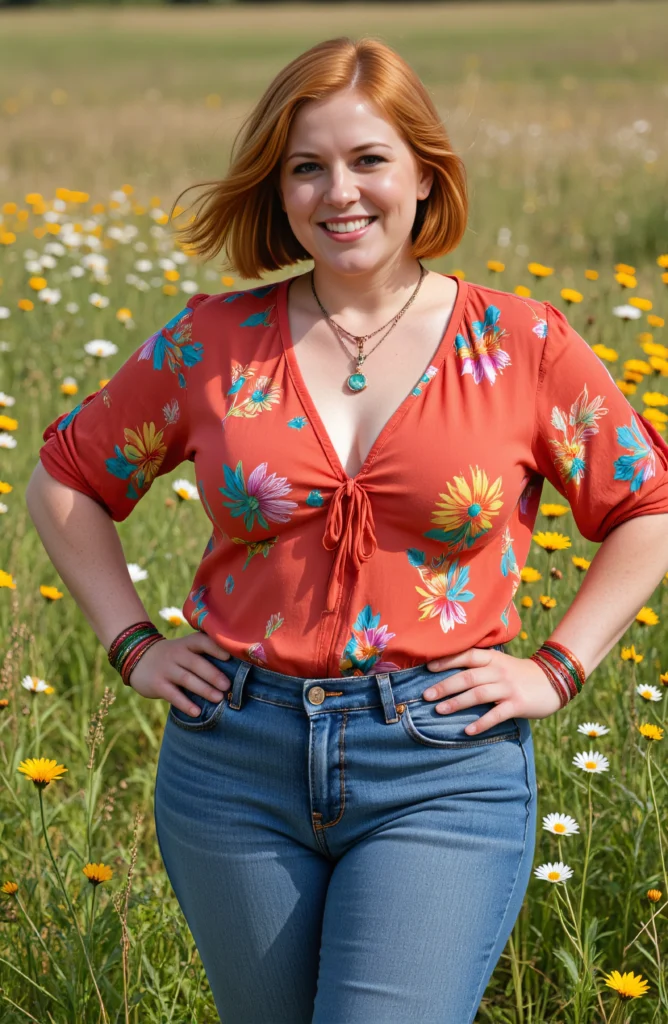 The image shows a woman standing in a field of daisies with her hands on her hips, smiling brightly. She is wearing a necklace and jeans, and the background is slightly blurred, giving the image a dreamy feel.
