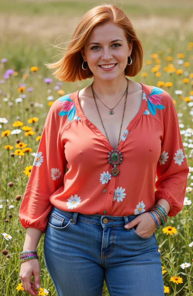 The image shows a woman standing in a field of flowers with a bright smile on her face. She is wearing an orange top and blue jeans, and the background is slightly blurred, giving the image a dreamy feel.